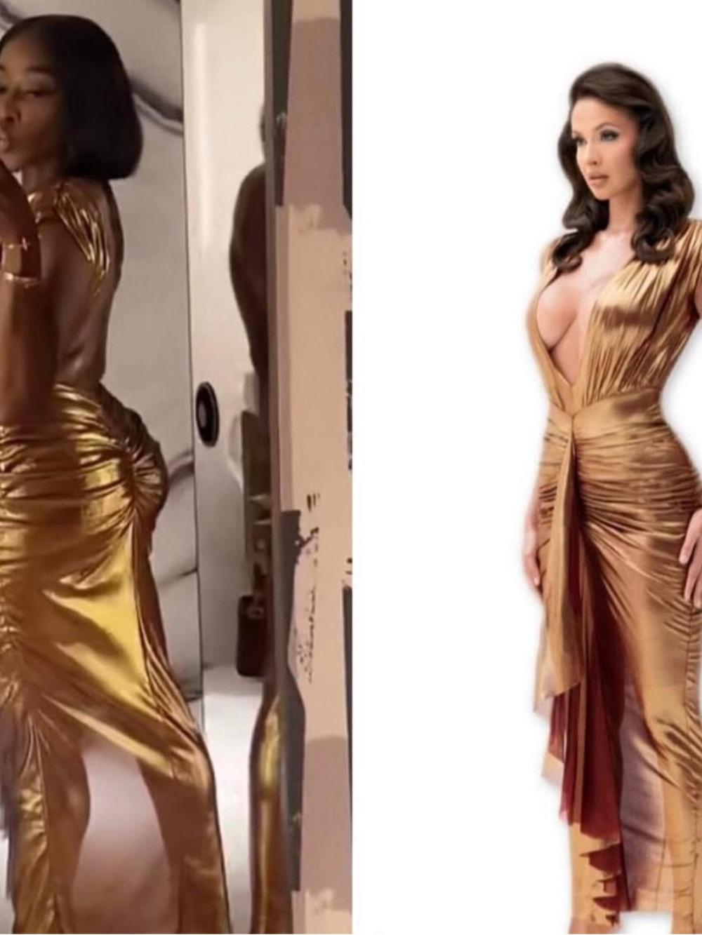 Gold Ruched Maxi Dress with Plunging Neckline